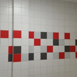 Ściana wyłożona białymi kwadratowymi płytkami z poziomym pasem dekoracyjnym z płytek w kolorach: czerwonym, szarym i czarnym. Widoczny fragment białych drzwi z klamką.