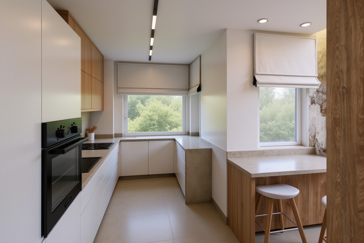 Jasna kuchnia w stylu skandynawskim z oknem z roletą rzymską, białymi frontami szafek i drewnianymi akcentami. Minimalistyczne oświetlenie sufitowe.