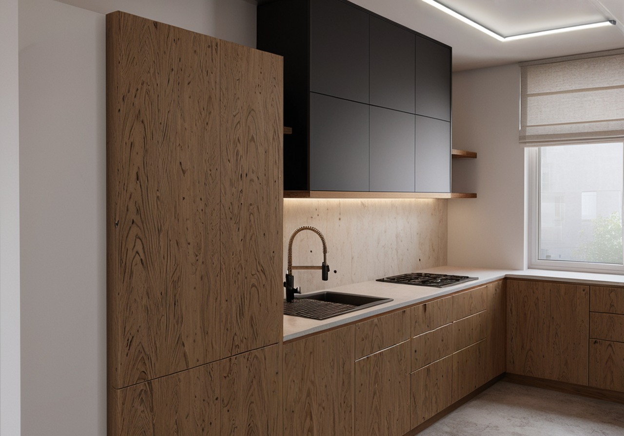 Nowoczesna kuchnia z drewnianymi frontami szafek i czarnymi szafkami wiszącymi. Ujęcie z bliska na zlew i płytę grzewczą. Minimalistyczny design, jasne wnętrze.