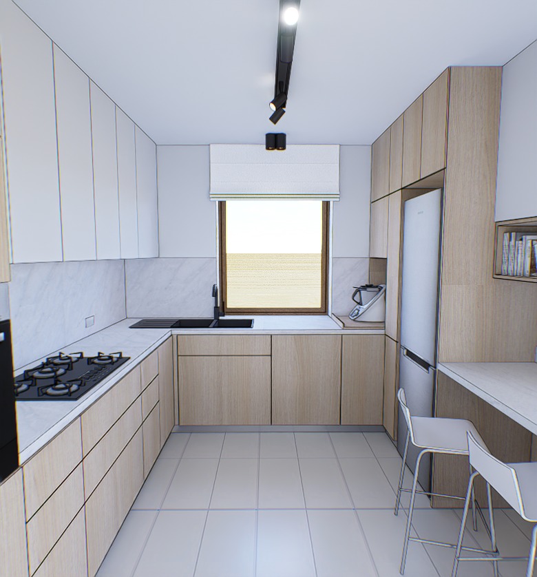 Jasna kuchnia w stylu skandynawskim z drewnianymi frontami, białymi szafkami górnymi i marmurowym blatem. Minimalistyczne krzesła barowe przy blacie.