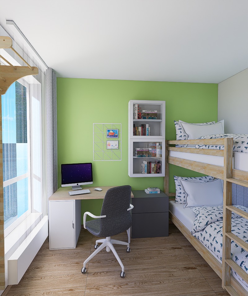 Pokój dziecięcy z biurkiem, komputerem, regałem na książki i łóżkiem piętrowym. Zielona ściana, drewniana podłoga, nowoczesny design.