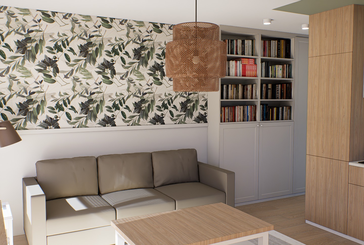 Wizualizacja salonu z sofą, wzorzystą tapetą i regałem na książki. Wnętrze w neutralnych barwach z akcentami drewna i roślinnego motywu. Projekt mieszkania.