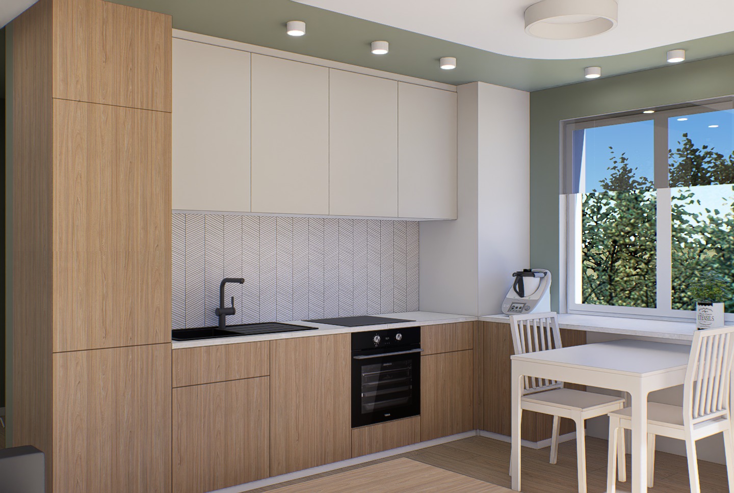 Nowoczesna kuchnia z drewnianymi szafkami, białymi frontami górnymi i geometrycznym wzorem na backsplashu. Stół z krzesłami przy oknie z widokiem na zieleń.