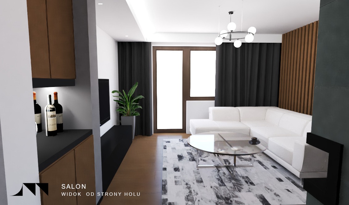 Wnętrze salonu z białym narożnikiem, szklanym stolikiem i drewnianą ścianą. Widok z holu, z elementami zabudowy kuchennej i dekoracyjnymi butelkami wina.