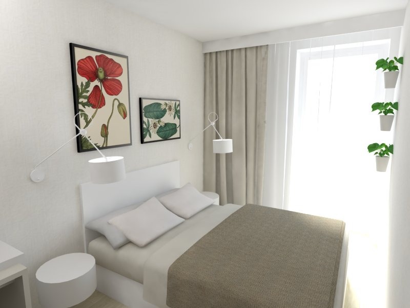 Jasna sypialnia z białym łóżkiem, grafikami botanicznymi na ścianie, lampami ściennymi i pionowym ogrodem w doniczkach przy oknie.