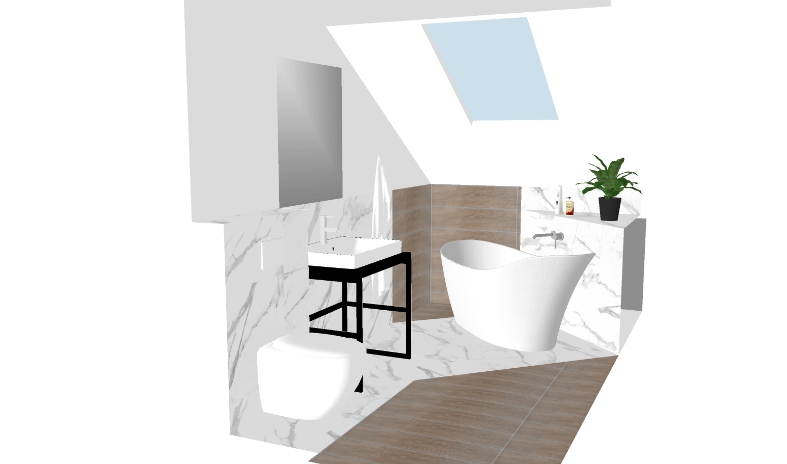 Wizualizacja łazienki na poddaszu z wanną wolnostojącą, umywalką na czarnym stelażu i toaletą, wykończona marmurem i drewnopodobnymi płytkami.