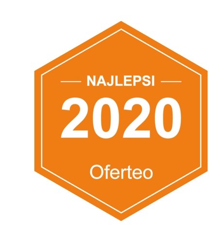 Pomarańczowy certyfikat Oferteo NAJLEPSI 2020 w kształcie sześciokąta z białą obwódką.