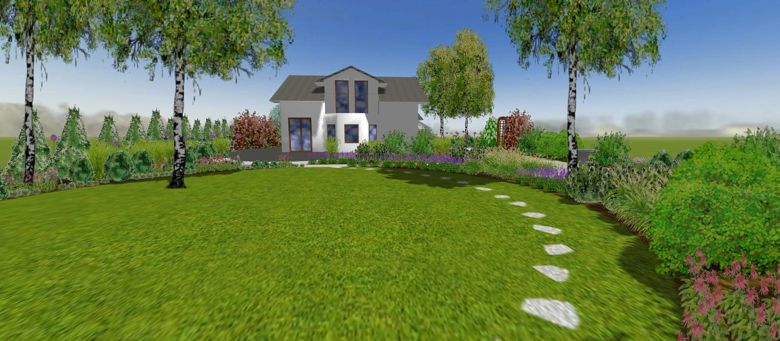 Wizualizacja 3D domu jednorodzinnego z ogrodem, ścieżka z kamieni prowadzi przez trawnik, widoczne drzewa i różnorodne rośliny ozdobne.