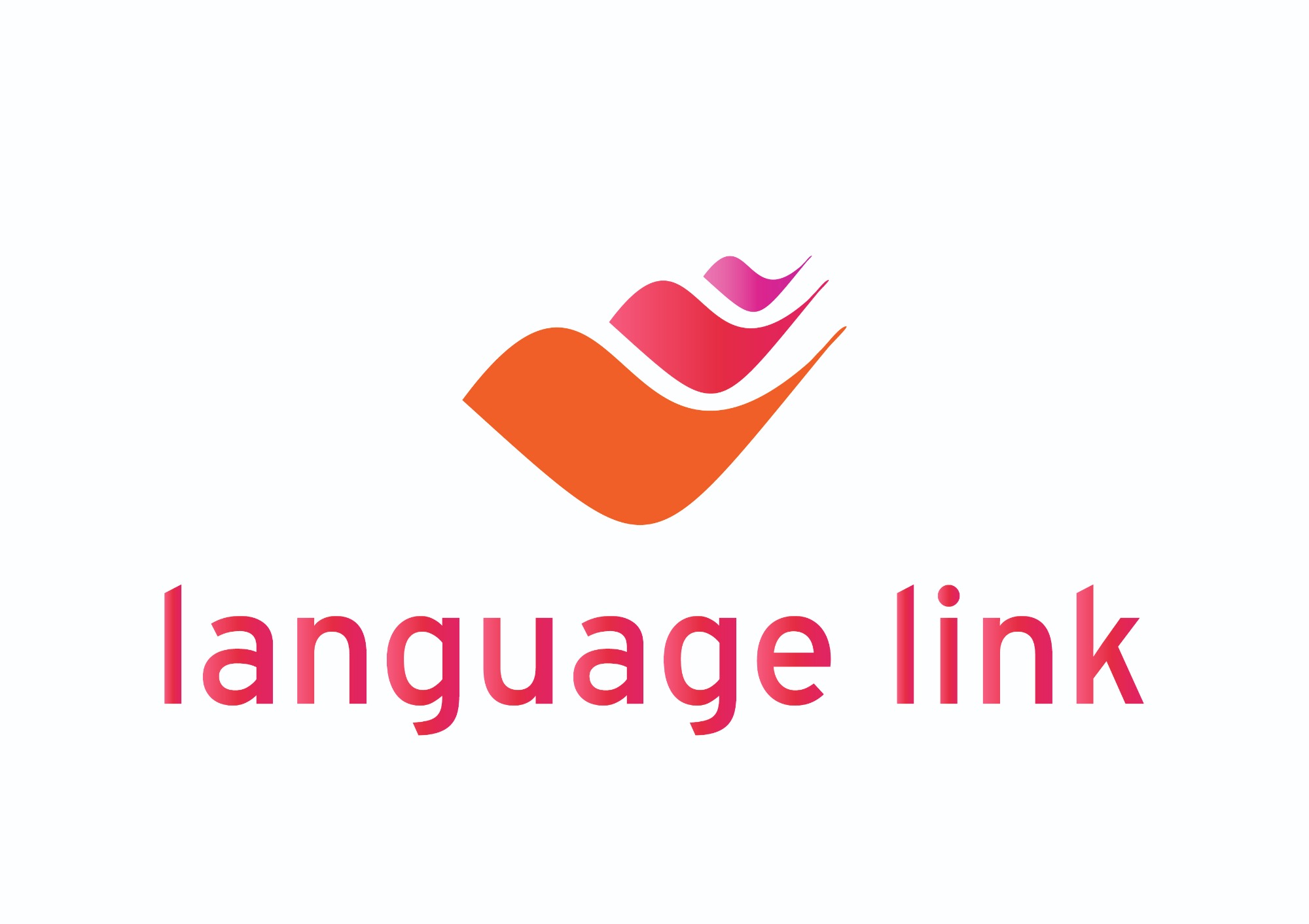 Logo firmy Language Link z abstrakcyjnym symbolem przypominającym płomień lub pióro w odcieniach pomarańczy i różu, oraz nazwą firmy zapisaną gradientem od różu do czerwieni.