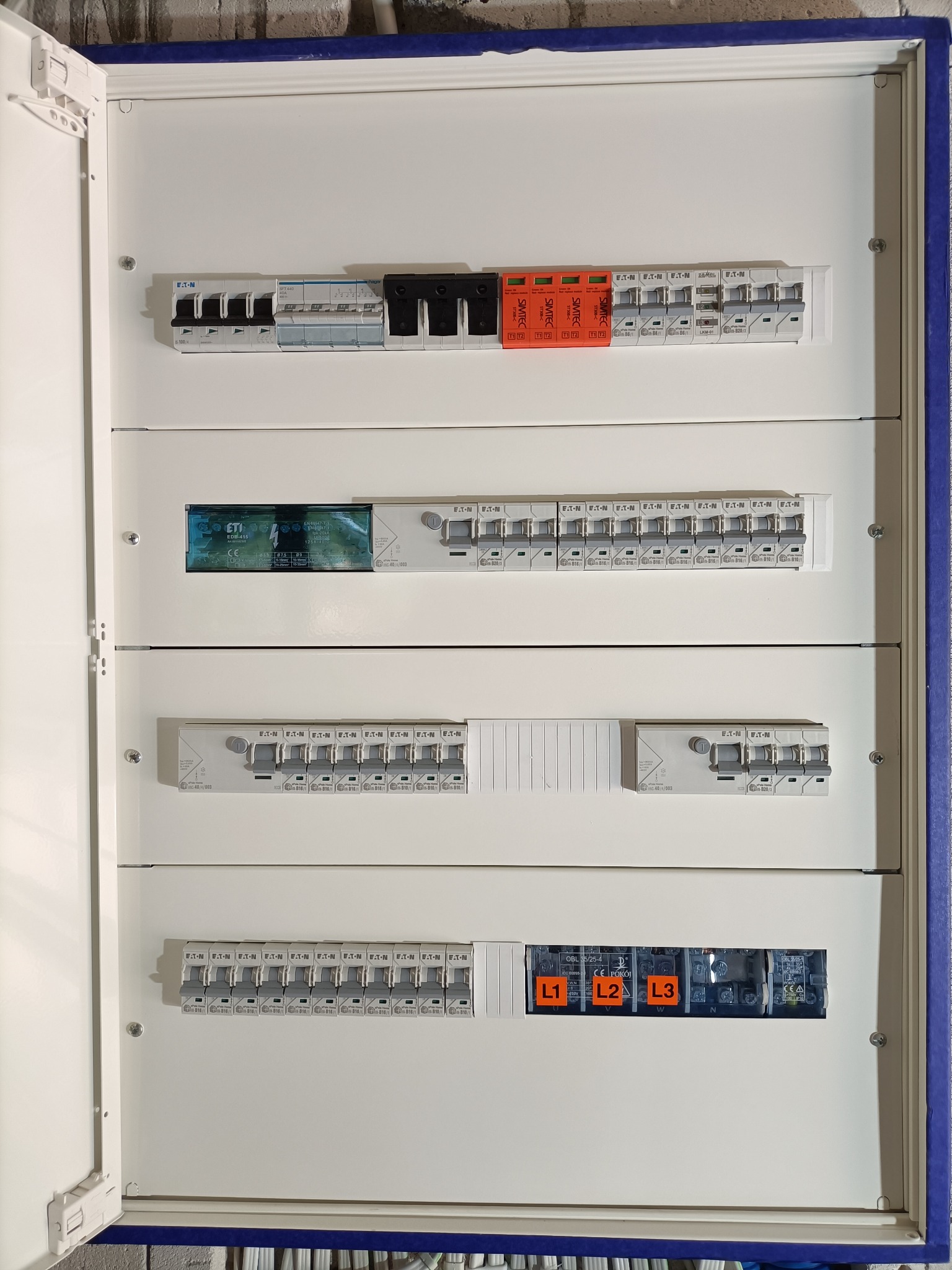 Otwarta skrzynka rozdzielcza z zainstalowanymi bezpiecznikami, wyłącznikami i oznaczeniami faz L1, L2, L3, widok z przodu na elementy zabezpieczeń elektrycznych.