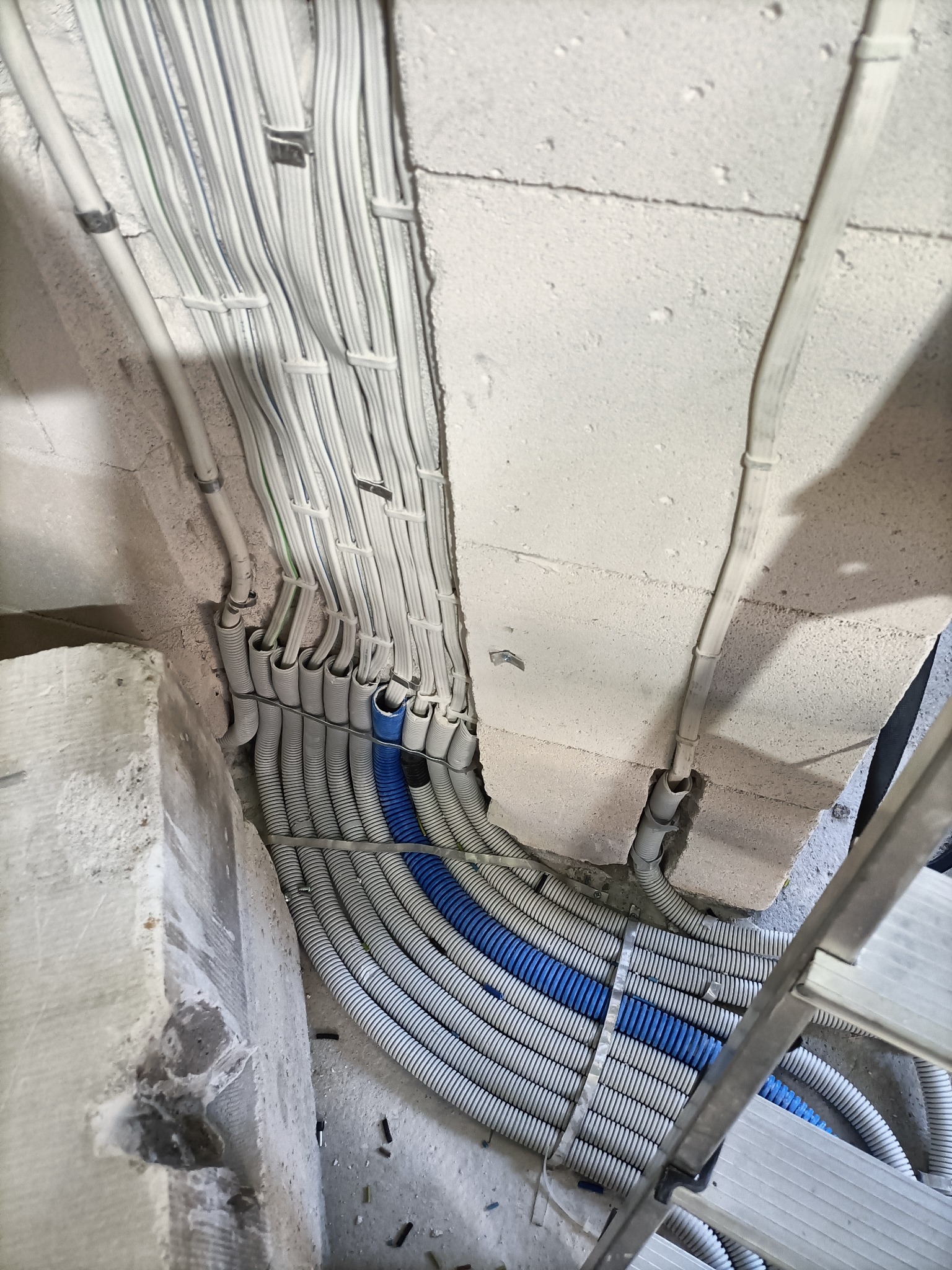 Świeżo ułożone, białe i niebieskie rury karbowane prowadzone wzdłuż surowej ściany z betonu komórkowego, częściowo zamocowane metalowymi uchwytami, widoczne fragmenty drabiny.