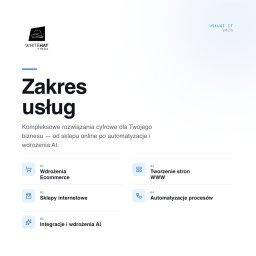 WhiteHat IT Media - Prezentacja usług firmy WHITEHAT IT MEDIA na jasnym tle, obejmująca wdrożenia e-commerce, tworzenie stron WWW, sklepy internetowe, automatyzacje procesów i integracje AI.