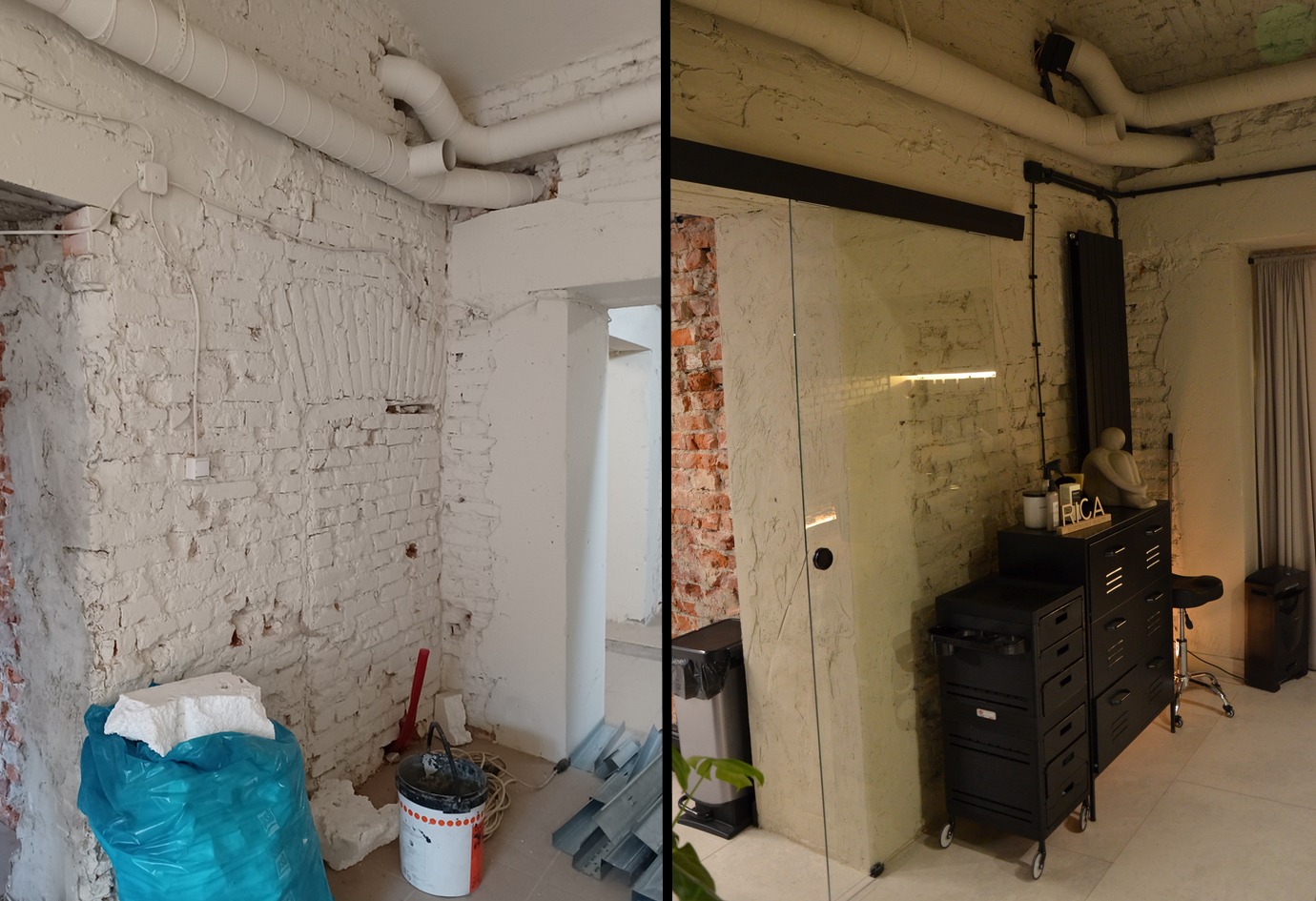 Porównanie stanu surowego i wykończonego pomieszczenia: ściana z cegły pomalowana na biało, widoczne rury wentylacyjne pod sufitem, po prawej stronie pomieszczenie z przesuwnymi szklanymi drzwiami...
