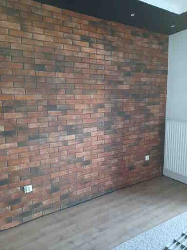 Ściana wykończona okładziną imitującą czerwoną cegłę z widocznymi gniazdkami elektrycznymi, podłoga laminowana, fragment grzejnika i dywanu w rogu pomieszczenia.