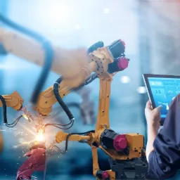 Pracownik w żółtym kasku kontroluje proces spawania robotami przemysłowymi za pomocą tabletu, Frysztak.