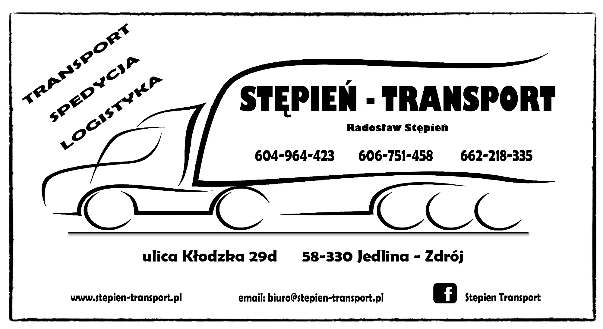 Grafika wektorowa przedstawiająca ciężarówkę z napisem 'Stępień - Transport', danymi kontaktowymi i logo firmy transportowej.