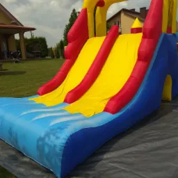 Kolorowa, dmuchana zjeżdżalnia na trawie, z widocznymi domami w tle i pochmurnym niebem.