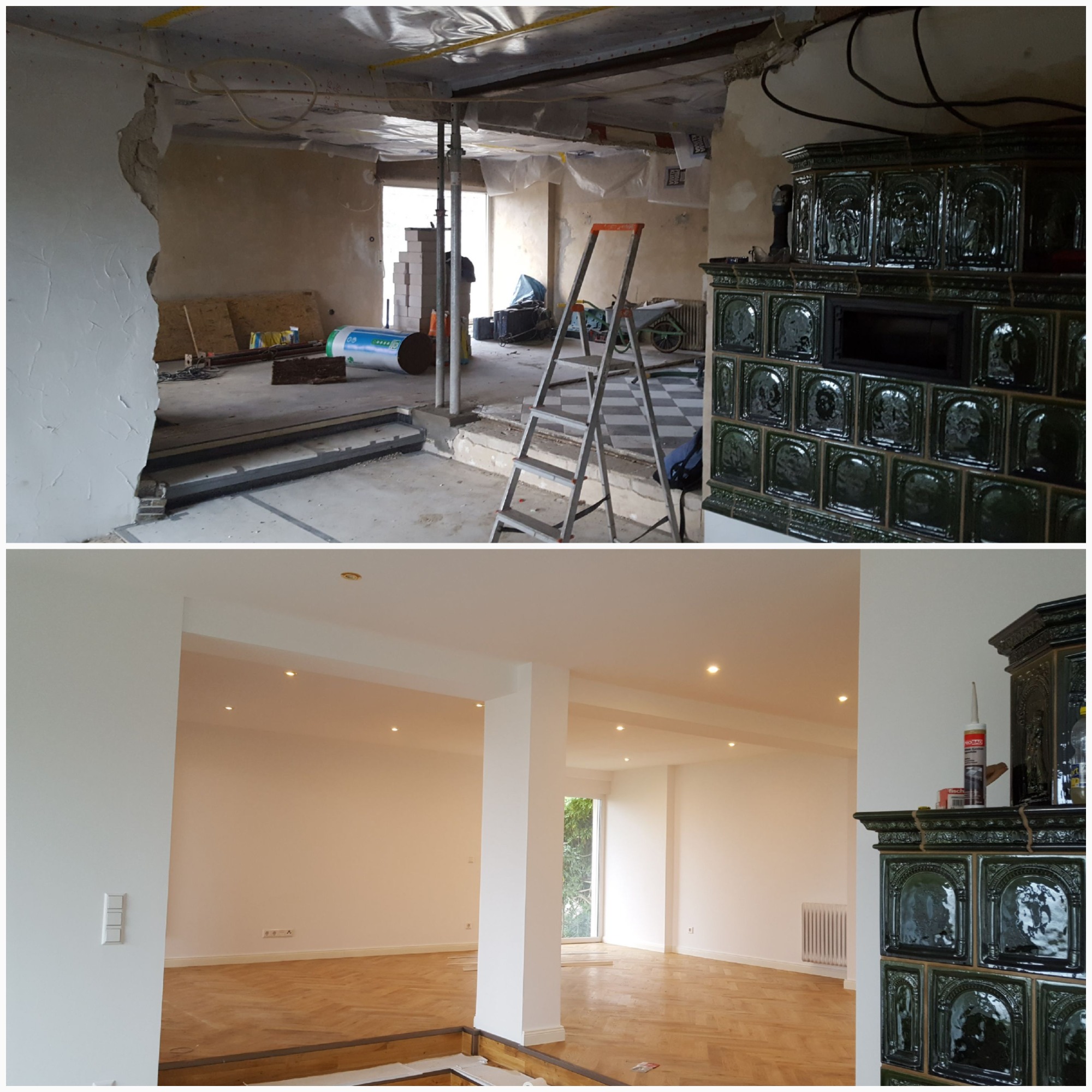 Zdjęcie przedstawia zestawienie stanu przed i po remoncie pomieszczenia. Na górze widoczny surowy stan: odsłonięty strop, podparte belki, gruz i narzędzia. Na dole wykończone wnętrze: białe ściany,...