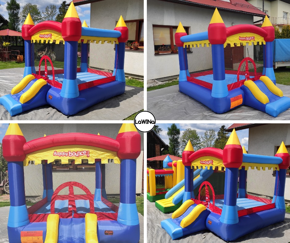 Kompilacja zdjęć niebiesko-czerwonego dmuchanego zamku z żółtą zjeżdżalnią i napisem 'Happy Bounce' na tle trawnika i budynków.