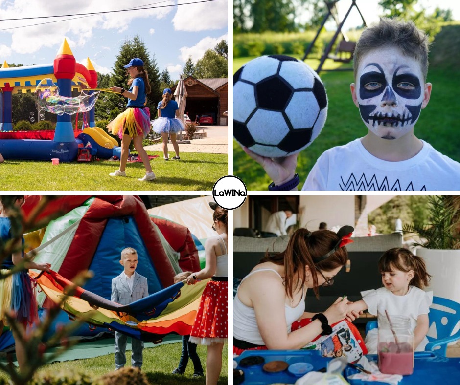Kolaż zdjęć z imprezy dla dzieci: dziewczynki w kolorowych spódniczkach puszczają bańki przy dmuchanym zamku, chłopiec z pomalowaną twarzą trzyma piłkę, dzieci bawią się chustą animacyjną, kobieta...