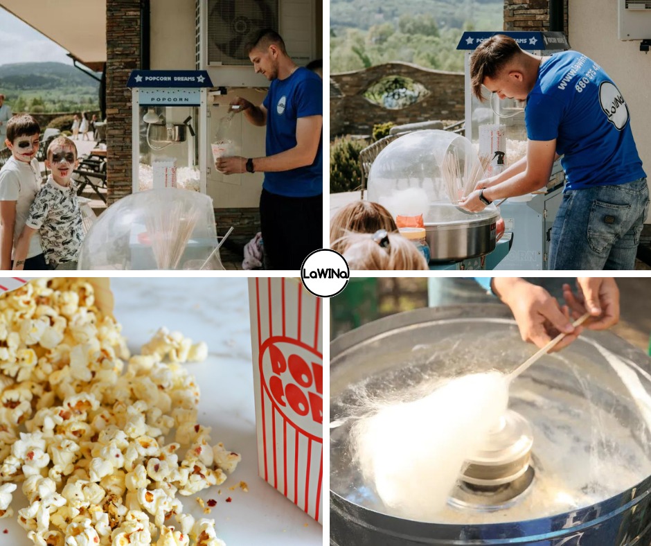 Cztery kadry: dzieci z makijażem halloweenowym obserwują przygotowanie popcornu z maszyny 'Popcorn Dreams', mężczyzna przygotowuje watę cukrową, zbliżenie popcornu w papierowej torebce.