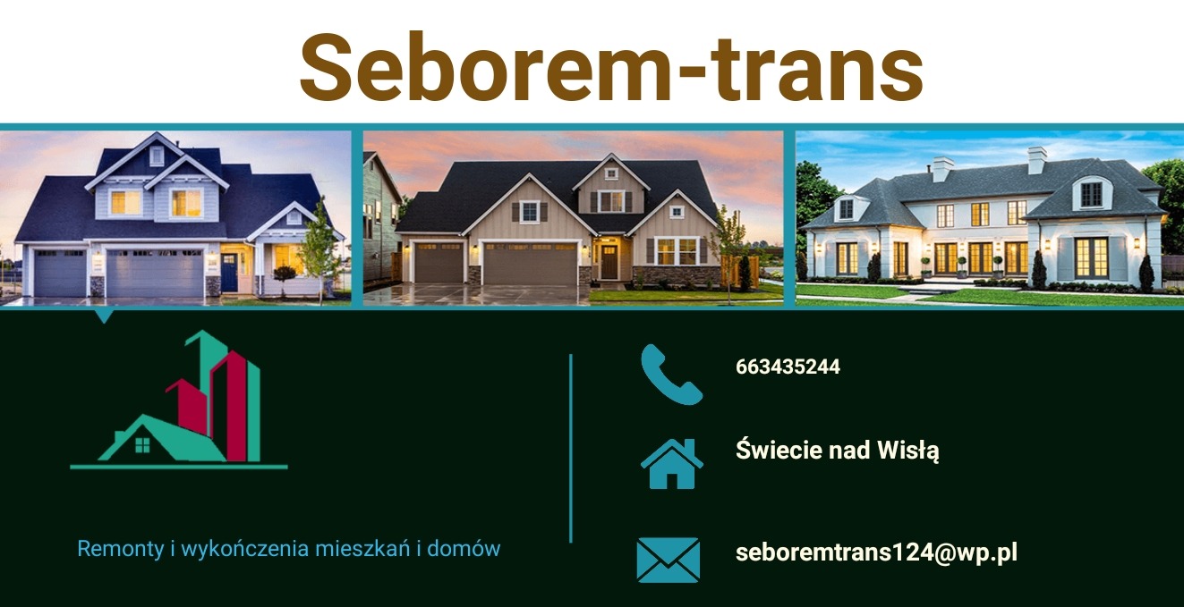Wizytówka firmy Seborem-trans z trzema zdjęciami różnych domów, logo firmy oraz danymi kontaktowymi: numer telefonu, adres i e-mail.