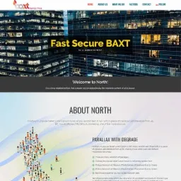 Zrzut ekranu strony internetowej z nowoczesnym designem, na górze widoczny budynek biurowy, poniżej sekcja z tekstem 'Welcome to North!' i ilustracją grupy ludzi ułożonych w strzałkę.