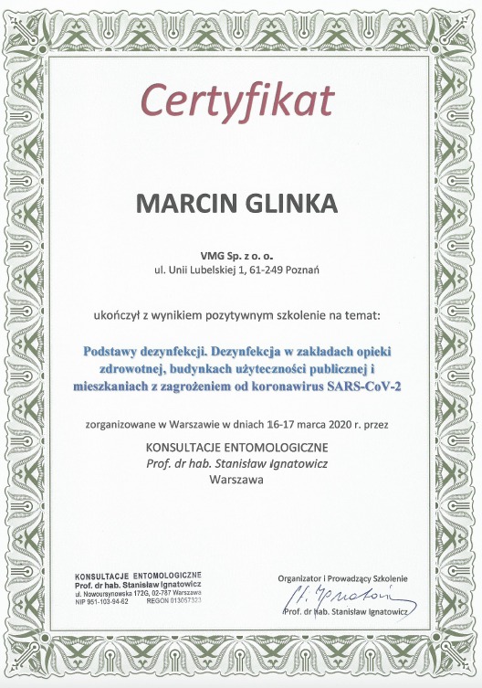 Certyfikat ukończenia szkolenia z zakresu podstaw dezynfekcji w placówkach opieki zdrowotnej, budynkach użyteczności publicznej i mieszkaniach w kontekście zagrożenia koronawirusem SARS-CoV-2...