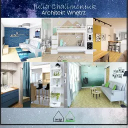 Kolaż wizualizacji wnętrz: salon z geometryczną ścianą, pokój dziecięcy z łóżkiem piętrowym, jadalnia z żółtą ścianą, łazienka z niebieską szafką, salon z hamakiem i galerią zdjęć, logo studia...