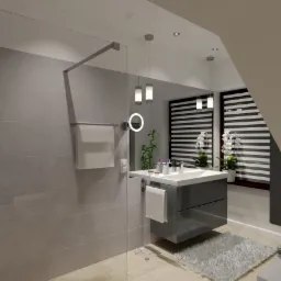 Wizualizacja łazienki z szarą płytką ścienną, kabiną prysznicową typu walk-in, umywalką z szafką w kolorze grafitowym, okrągłym lustrem z podświetleniem LED i oknem z żaluzjami.
