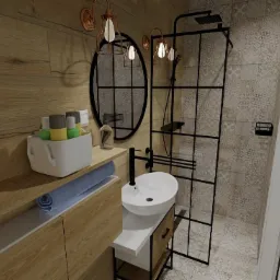 Wizualizacja łazienki z drewnianymi panelami ściennymi, czarną kabiną prysznicową typu walk-in i okrągłym lustrem z dekoracyjnymi lampami, umywalka nablatowa z szafką i akcesoriami.