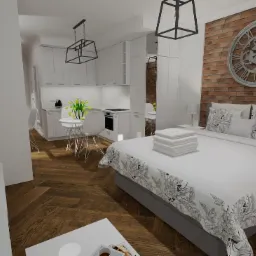 Wizualizacja wnętrza łączącego aneks kuchenny z sypialnią, z białymi meblami kuchennymi, okrągłym stołem, łóżkiem z szarą ramą i białą pościelą w kwiaty, ceglaną ścianą z dekoracyjnym zegarem...