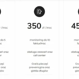 Porównanie trzech pakietów usług z różnymi cenami i funkcjami: monitoring faktur, obsługa wezwań i call center, pieczęć prewencyjna oraz giełda długów.