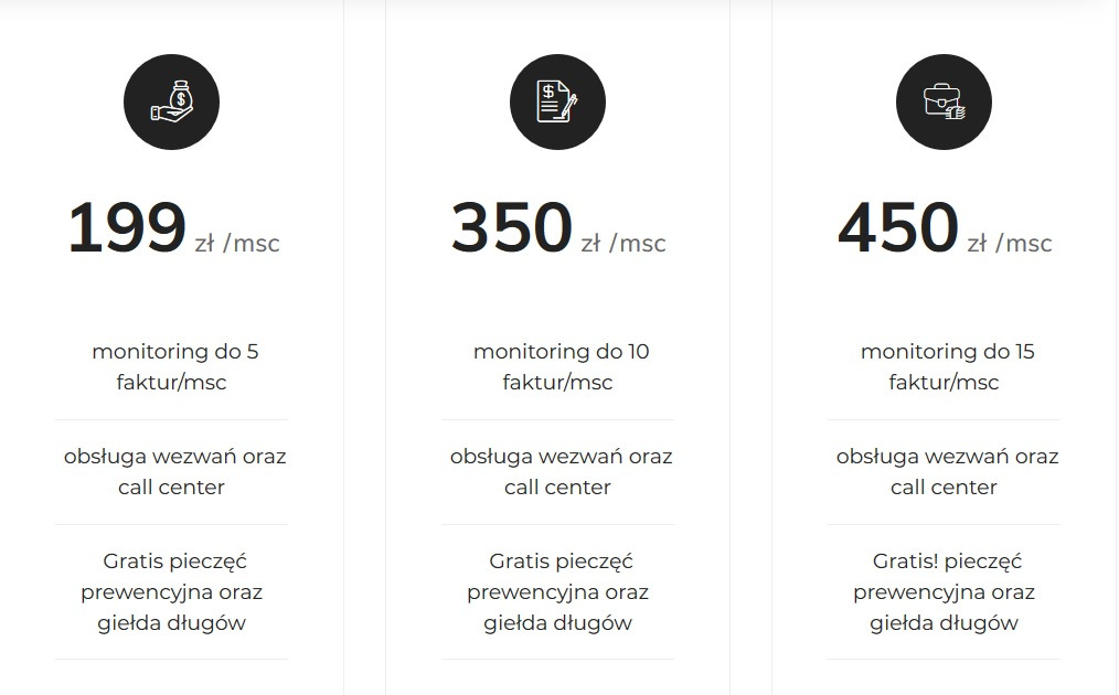 Porównanie trzech pakietów usług z różnymi cenami i funkcjami: monitoring faktur, obsługa wezwań i call center, pieczęć prewencyjna oraz giełda długów.