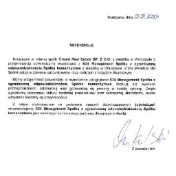 Skan dokumentu z referencjami dla spółki S24 Management Spółka z ograniczoną odpowiedzialnością Spółka komandytowa, potwierdzający współpracę w zakresie rachunkowości i rozliczeń z Urzędem...
