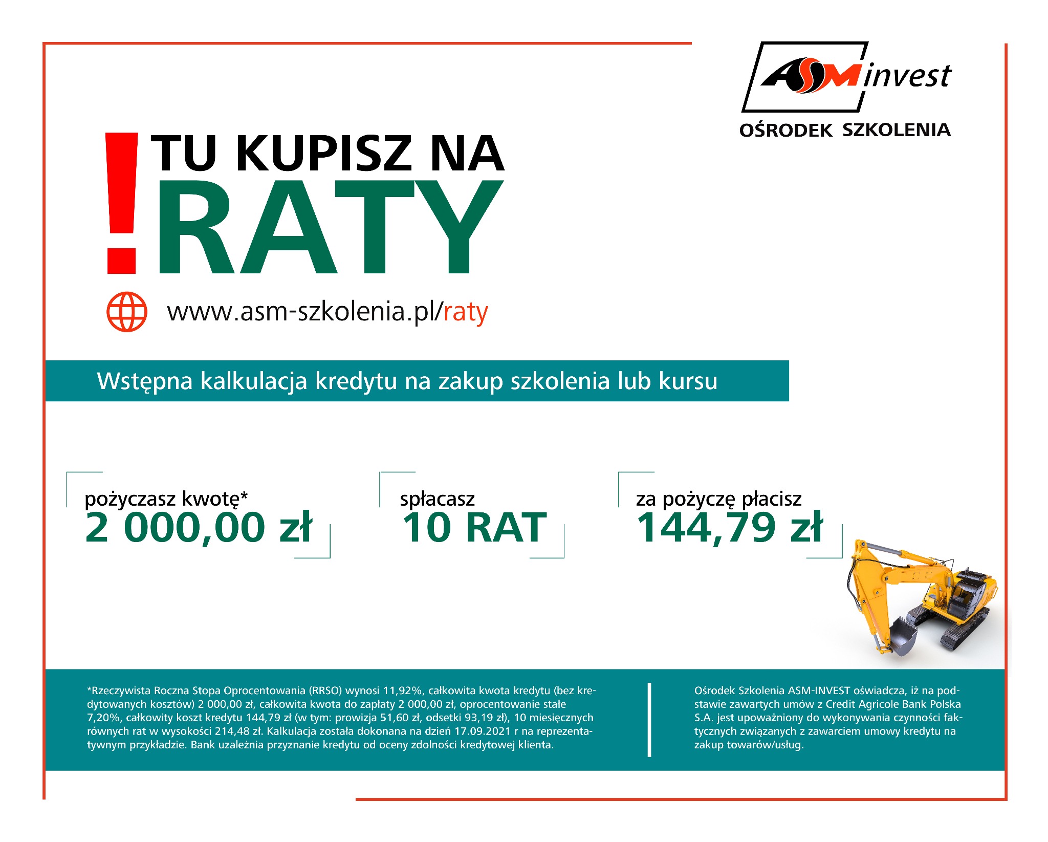 Oferta kursów z finansowaniem ratalnym ASM Invest. Grafika informuje o możliwości zakupu szkoleń na raty, prezentuje kalkulację kredytu i logo ośrodka.