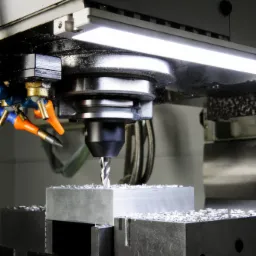 Obróbka metalu na frezarce CNC z chłodziwem, wióry na obrabianym elemencie, wewnętrzne, jasne doświetlenie procesu.