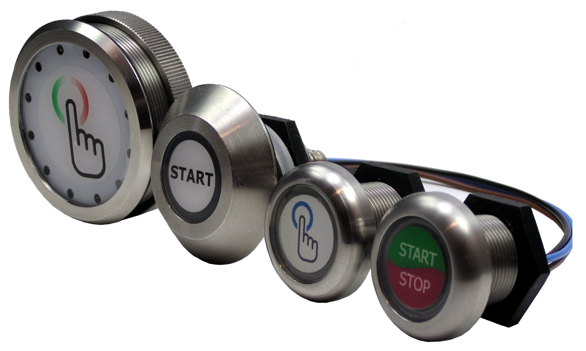 Zestaw czterech okrągłych, metalowych przycisków pojemnościowych: jeden z podświetlanym symbolem dłoni wskazującej dotyk, drugi z napisem 'START', trzeci z niebieskim symbolem dłoni, a czwarty...