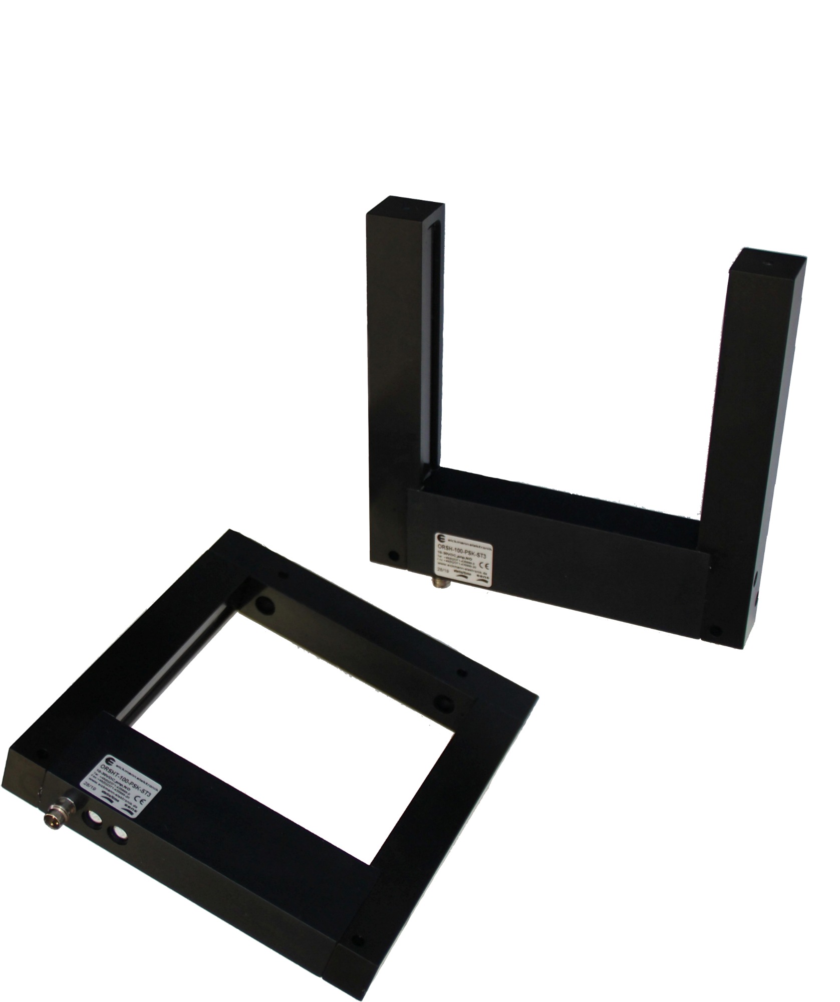 Dwa czarne, ramkowe czujniki optyczne na białym tle, jeden w kształcie litery U, drugi kwadratowy, z widocznymi oznaczeniami producenta Wickmann elektronik i portami przyłączeniowymi.