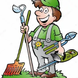 Uśmiechnięty ogrodnik w kombinezonie trzymający grabie, motykę, sekator i elektryczne nożyce do żywopłotu, ilustracja.