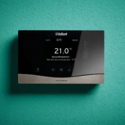 Nowoczesny, czarny regulator temperatury Vaillant sensoCOMFORT zamontowany na turkusowej ścianie, wyświetlający temperaturę 21 stopni Celsjusza.