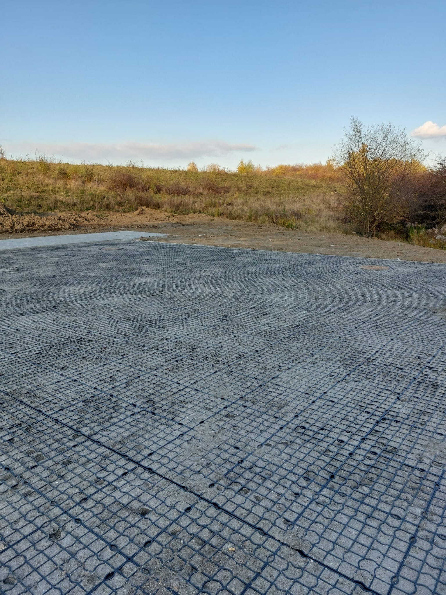 Plastikowa siatka wzmacniająca grunt, widoczna na tle naturalnego krajobrazu z trawą i drzewami, pod błękitnym niebem.