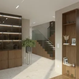 Nowoczesne wnętrze z drewnianymi schodami z podświetleniem LED, regałem, przeszkloną witryną i rośliną doniczkową na metalowym stojaku, oświetlone punktowo.