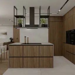 Nowoczesna kuchnia z wyspą o drewnianych frontach, czarnym okapem i dekoracyjnymi półkami z roślinami, oświetlona listwami LED, widok na salon z sofą w tle.