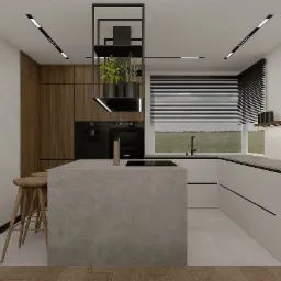 Wizualizacja nowoczesnej kuchni z wyspą o marmurowym wykończeniu, drewnianymi szafkami i czarnymi akcentami oświetleniowymi, widok na zielone pole za oknem.