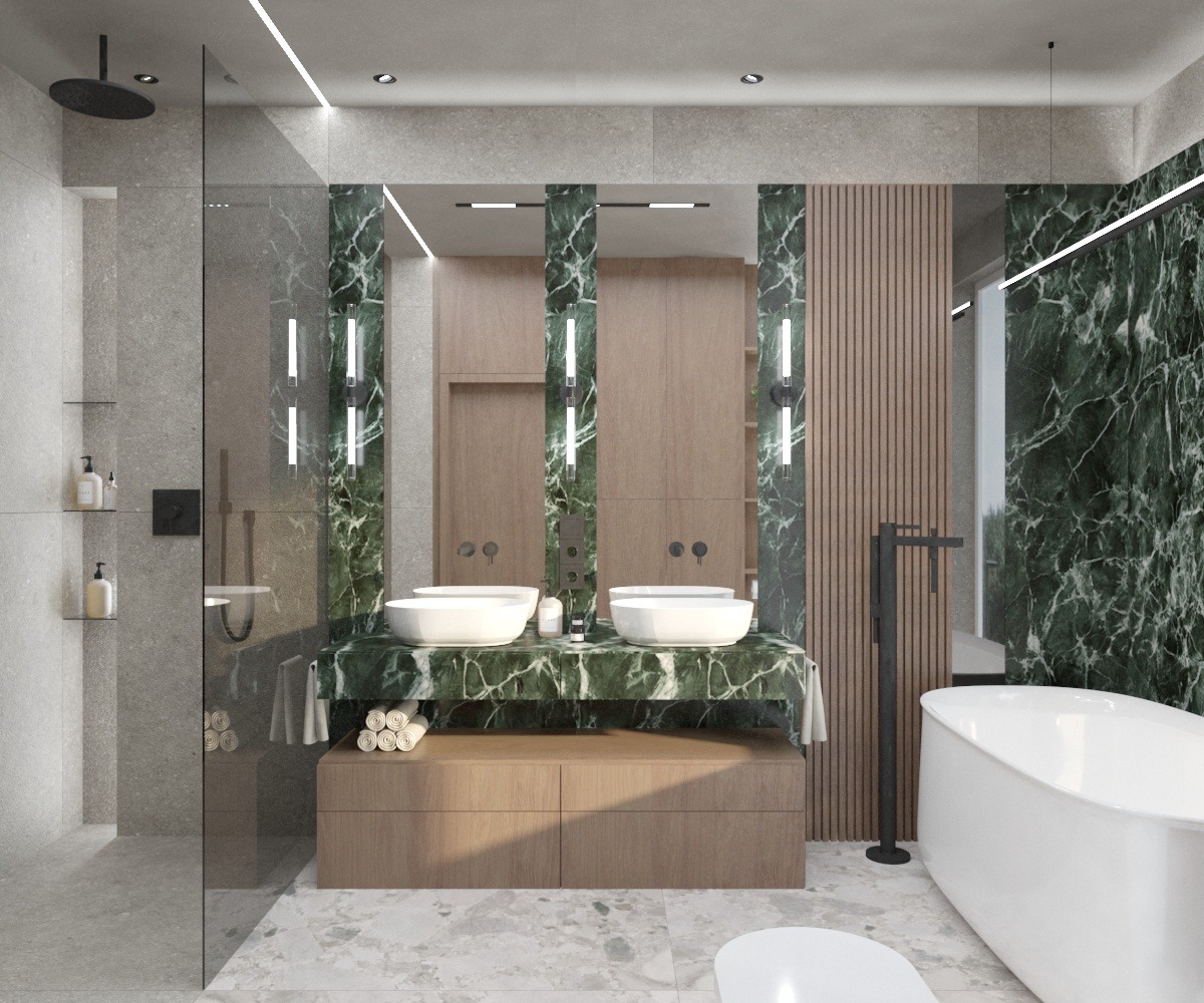 Nowoczesna łazienka z zielonym marmurem, dwoma umywalkami nablatowymi, kabiną prysznicową typu walk-in i wolnostojącą wanną.