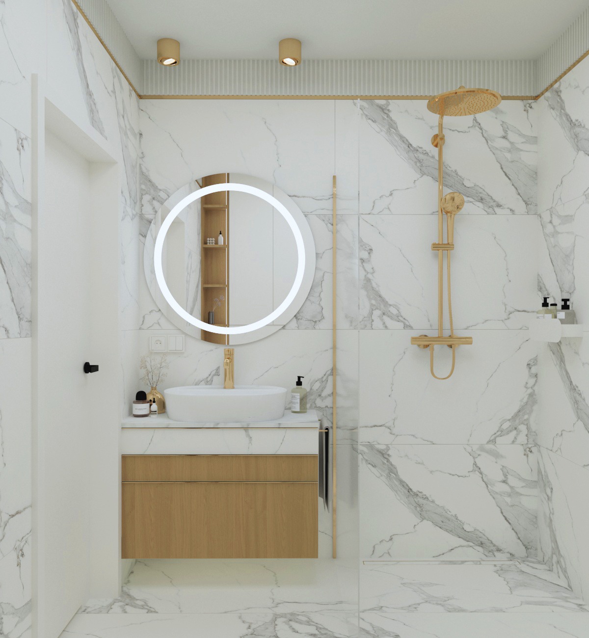 Nowoczesna łazienka z marmurowymi płytkami, okrągłym lustrem z podświetleniem LED, złotą armaturą i drewnianą szafką pod umywalką.
