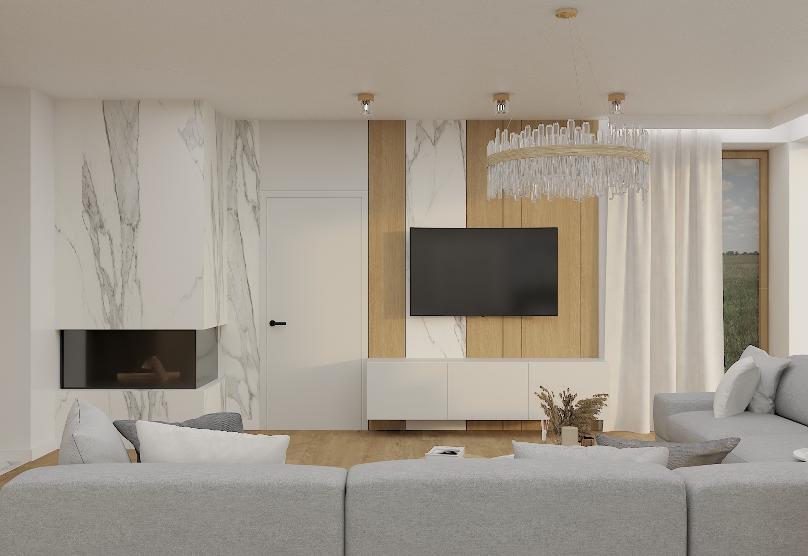Nowoczesny salon w Koszalinie z marmurową ścianą, kominkiem, telewizorem na drewnianym panelu, kryształowym żyrandolem i szarą sofą modułową.