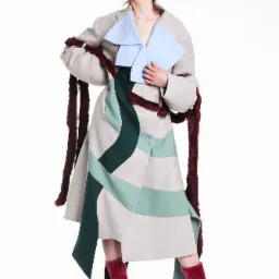 Modelka w awangardowym płaszczu z geometrycznymi wzorami, futrzanymi wykończeniami i welurowych kozakach na białym tle.