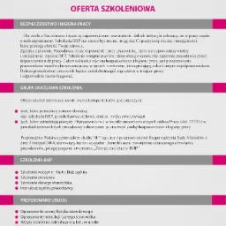 Ulotka reklamowa z ofertą szkoleń BHP, w tym szkoleń wstępnych, okresowych i stanowiskowych, oraz instruktaży, z logo firmy i danymi kontaktowymi konsultanta.